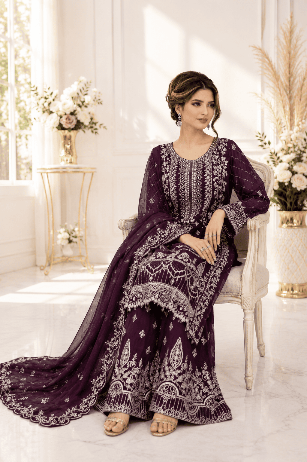 (51) Ramsha Chiffon plum Embellished Palazzo Set – Elegant Luxe Look - Image 3