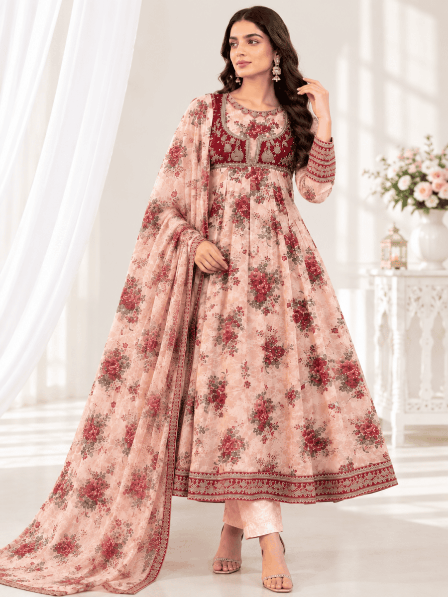 (91) Floral anarkali jacket style  flowing dress sequin lace embroidered chiffon duppatta ready to wear