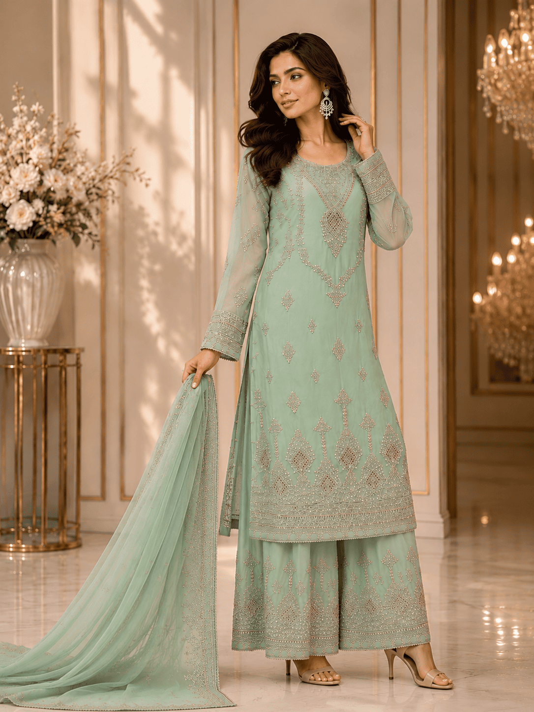 (279) Elegant Chiffon Palazzo Suit | Pearl & Diamante Gold Embroidery - Image 2