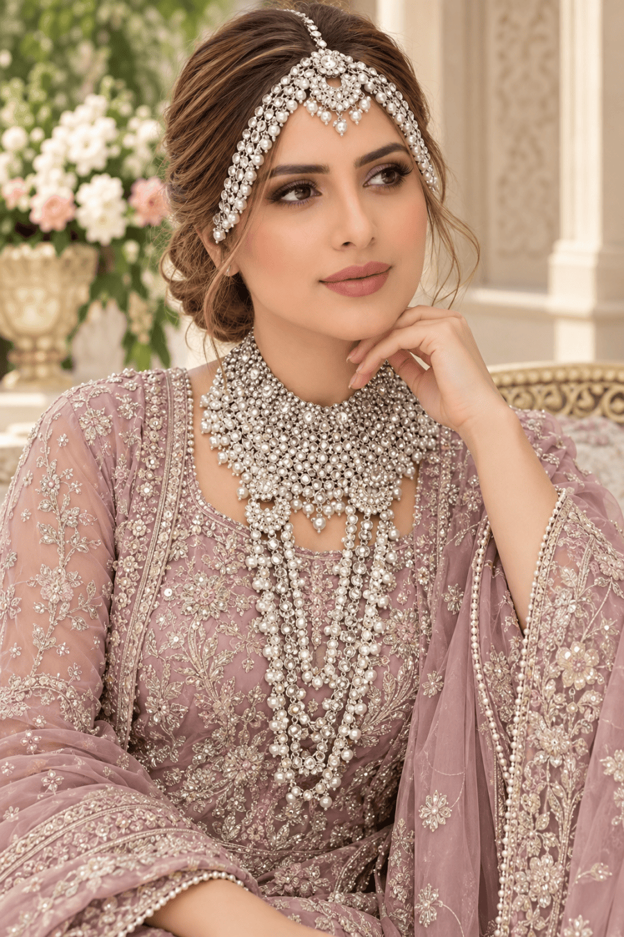 Luxury Pakistani eight piece stone-work wedding jewellery set featuring a choker, long necklace, earrings, tikka, matha patti, nose ring and hand jewellery. Perfect for weddings, parties and special occasions