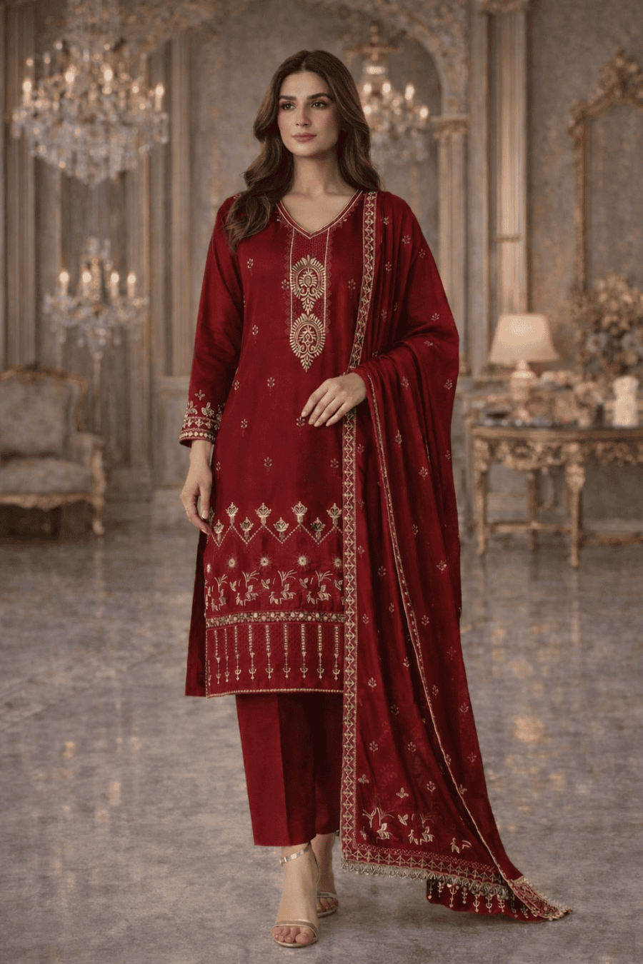 (346) Soft Lightweight Silky Viscose suit Embroidered Chiffon Dupatta Designed for Comfortable Ready-to-Wear Elegance