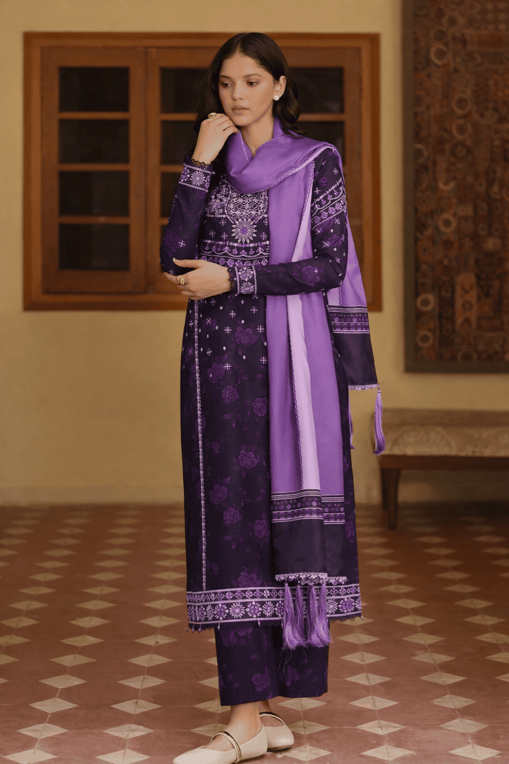 (194) Farasha Meline Powder Plum Suit | Premium Viscose & Twill Shawl - Image 2