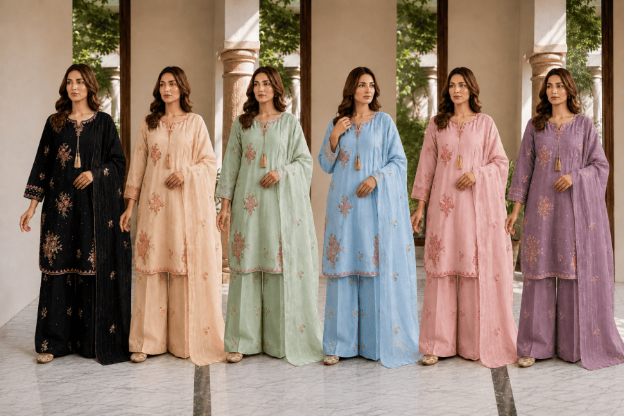 (358) Abeeha Elegant beige Viscose Suit – A beautifully designed rounded kameez featuring delicate gold thread floral embroidery, paired with stylish palazzo trousers and a soft bamber dupatta