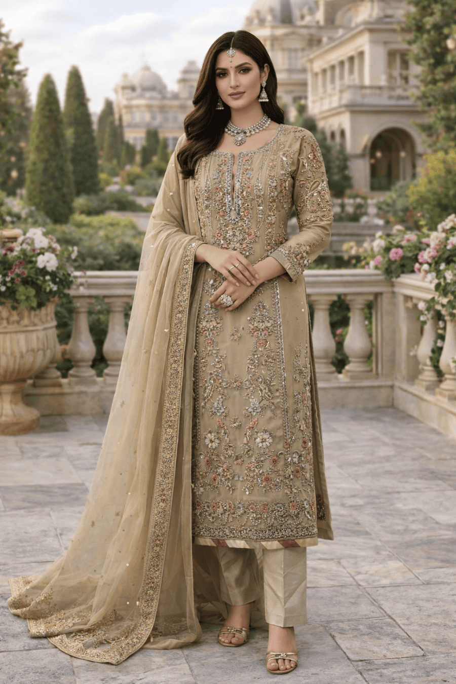 (219) Elegant Wedding Party Organza Hand-Embroidered 3-Piece Suit