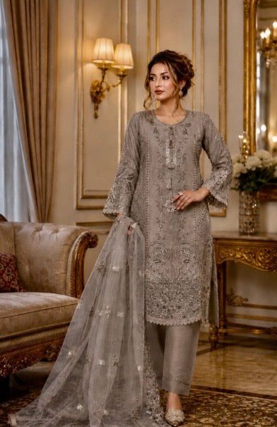 (156) Munira Premium Lawn Suit | Beaded Sequin Embroidery & Chiffon Dupatta