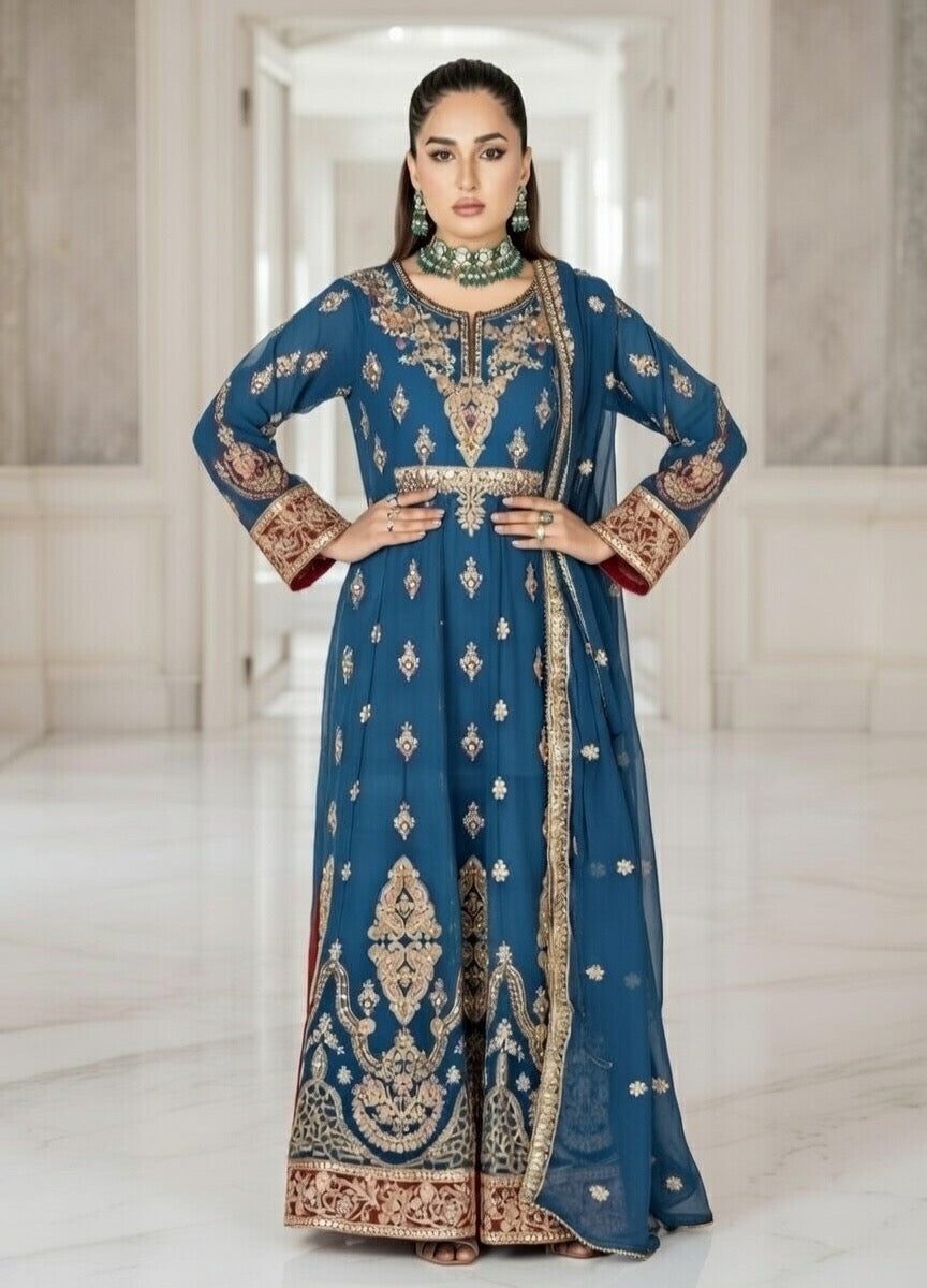 (105) Blue Crinkle Chiffon Anarkali | Gold Embroidery & Diamante Work