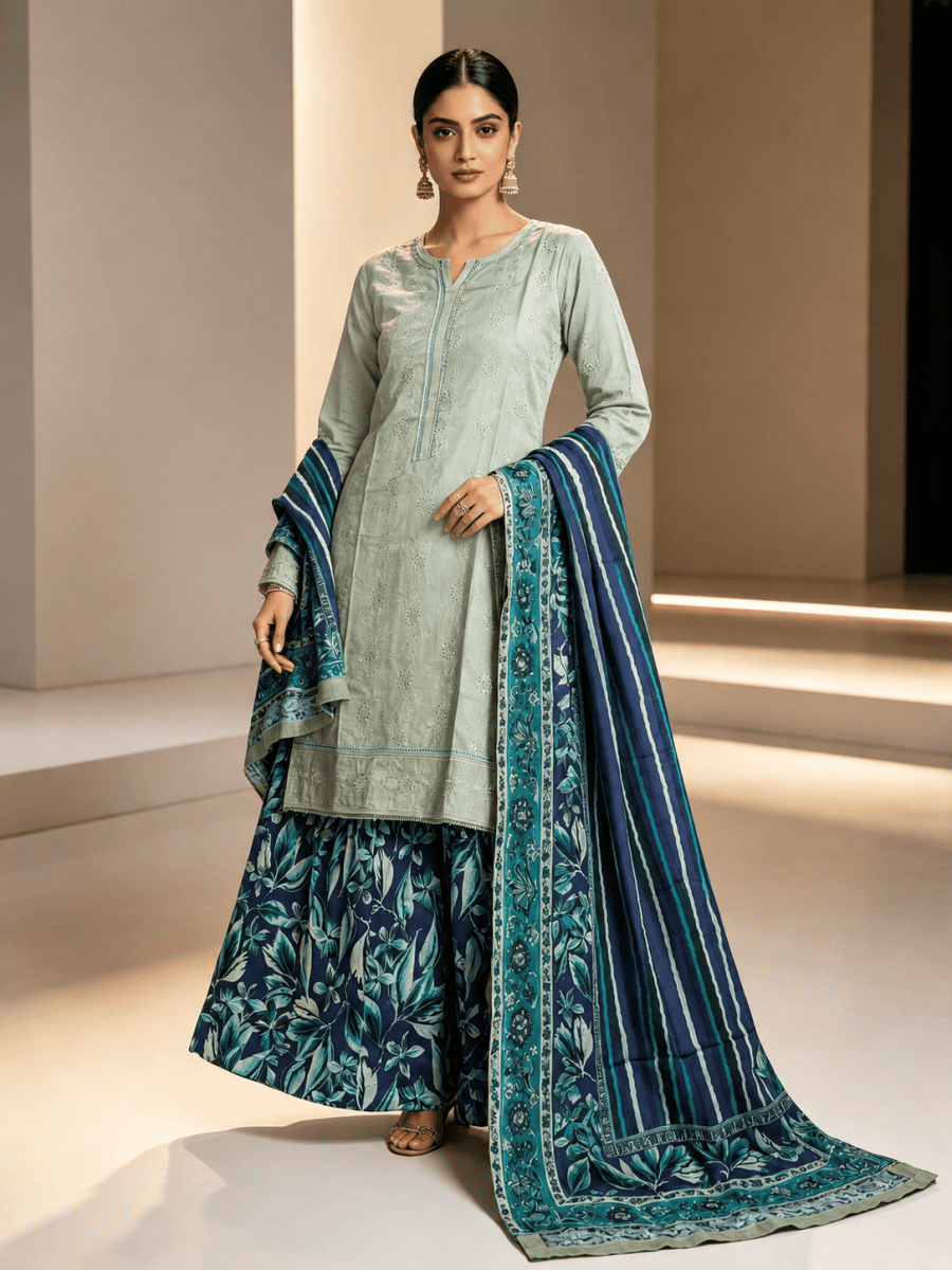 (84) Elegant contrast cotton chickankari sequin lace embroidered printed plazzo trousers ready to wear