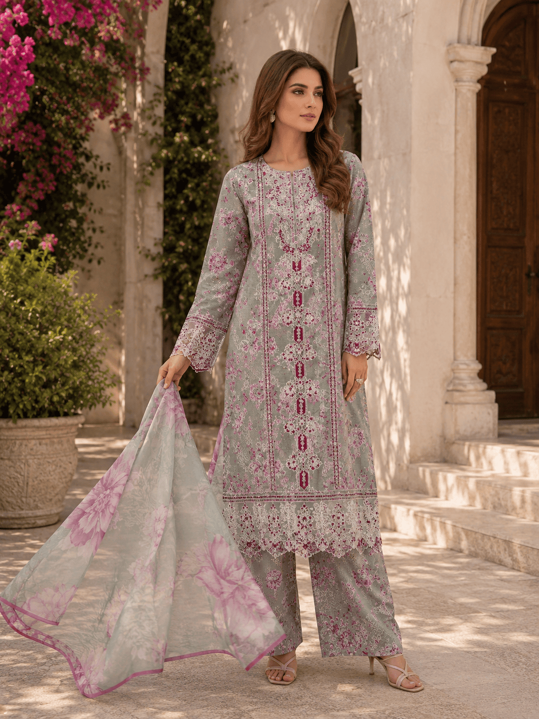 (206) Adan’s Libas Floral Lawn Suit | Lace Embroidery & Voile Dupatta - Image 4