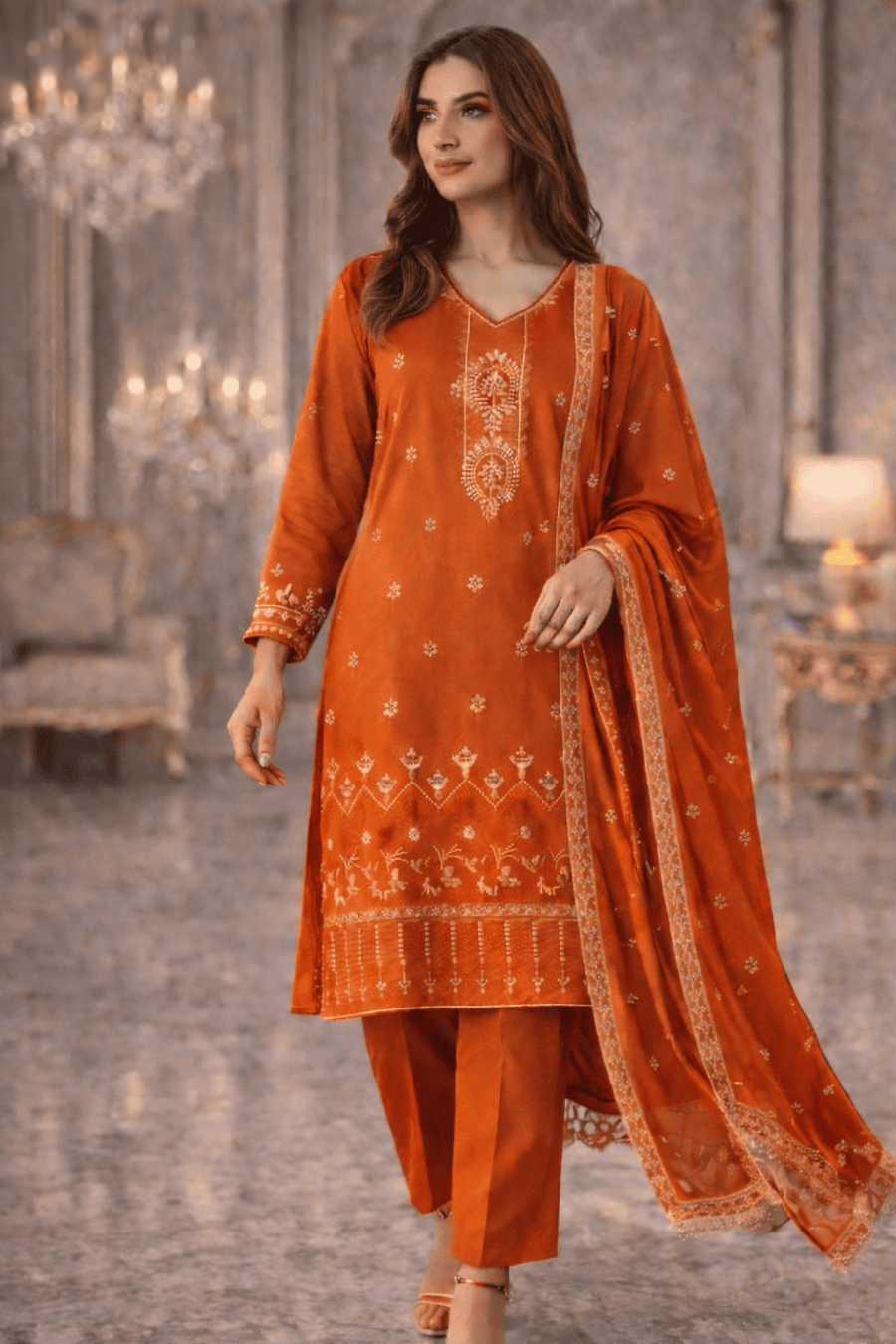 (244) Silky Viscose Suit | Embroidered Chiffon Dupatta & Elegant Comfort