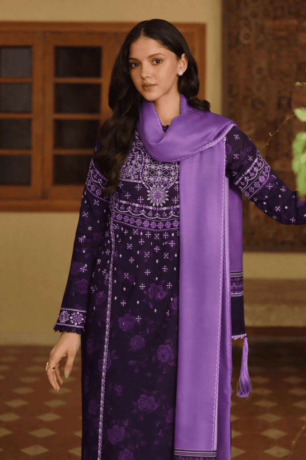 (194) Farasha Meline Powder Plum Suit | Premium Viscose & Twill Shawl - Image 6