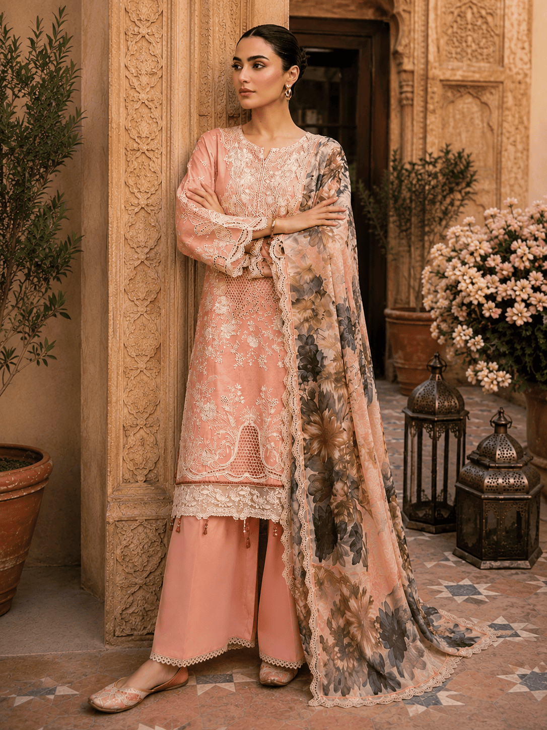 (1) Rangreza Peach Lawn Chicken Kari Embroidered Suit with Chiffon Dupatta - Image 2