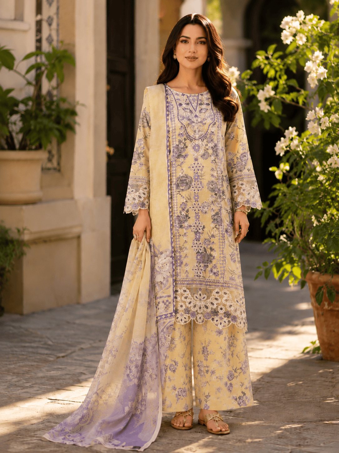 (197) Adnan Libas Floral Lawn Suit | Lace Embroidery & Voile Dupatta - Image 4