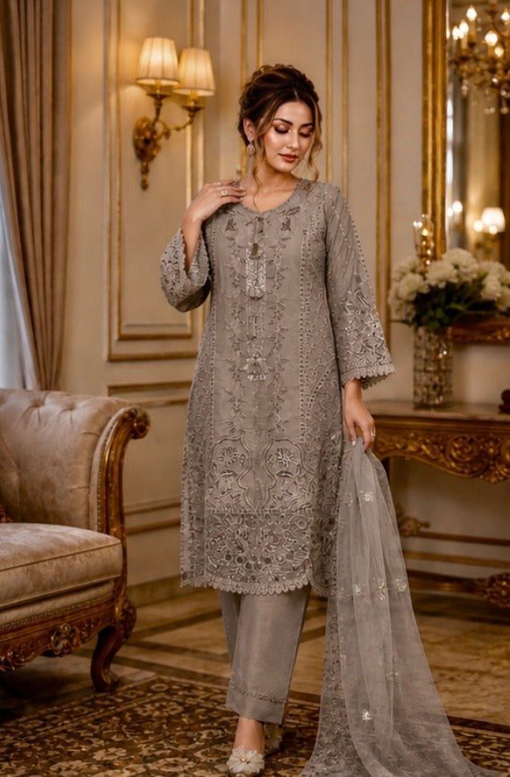 (156) Munira Premium Lawn Suit | Beaded Sequin Embroidery & Chiffon Dupatta - Image 3
