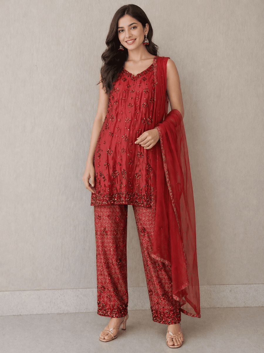 (85) Indian embroidered silk sleeve less chiffon dupatta ready to wear